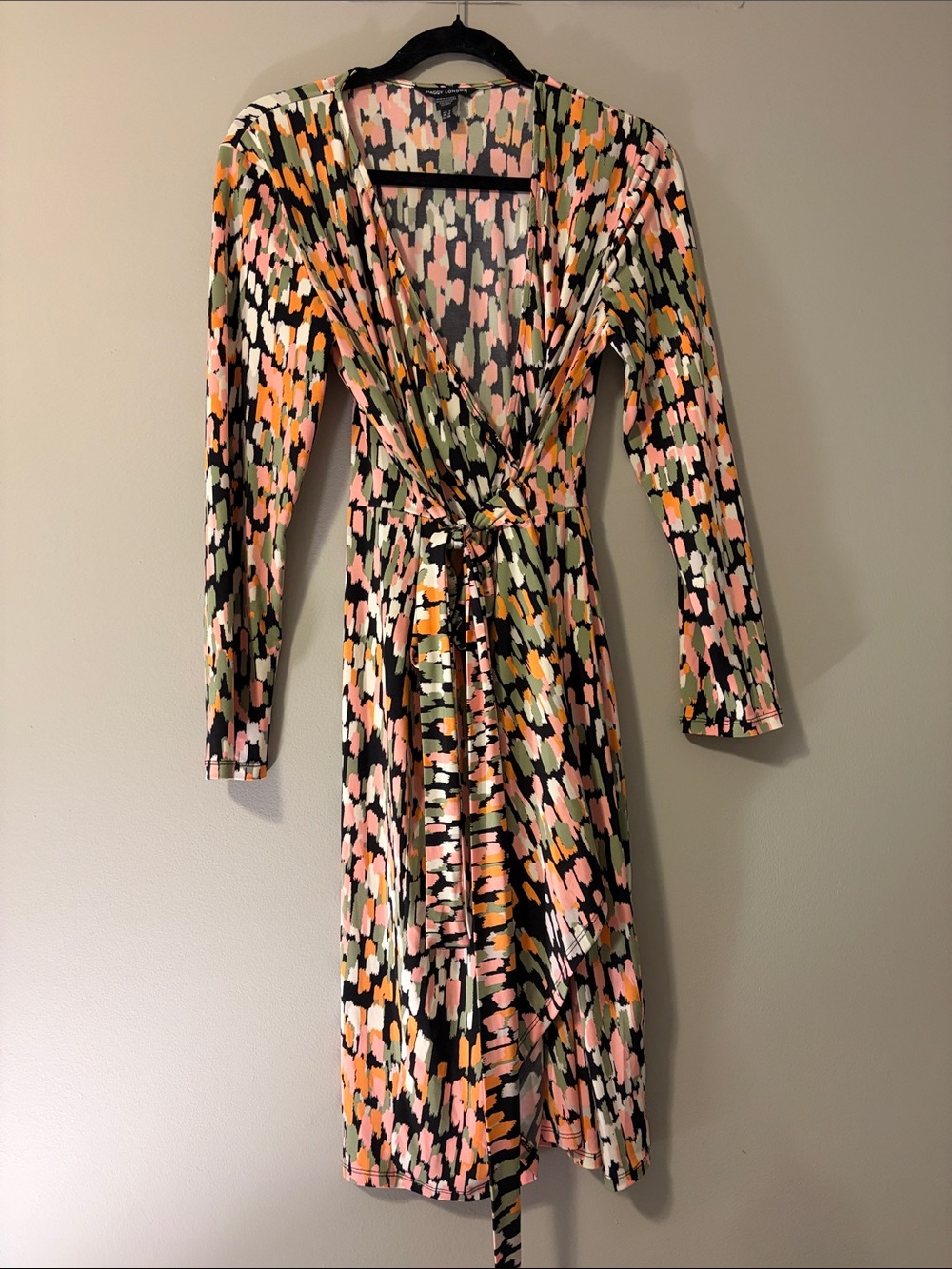 Maggy London Multicolor Brushstroke Wrap Dress in Pink, Orange & Green